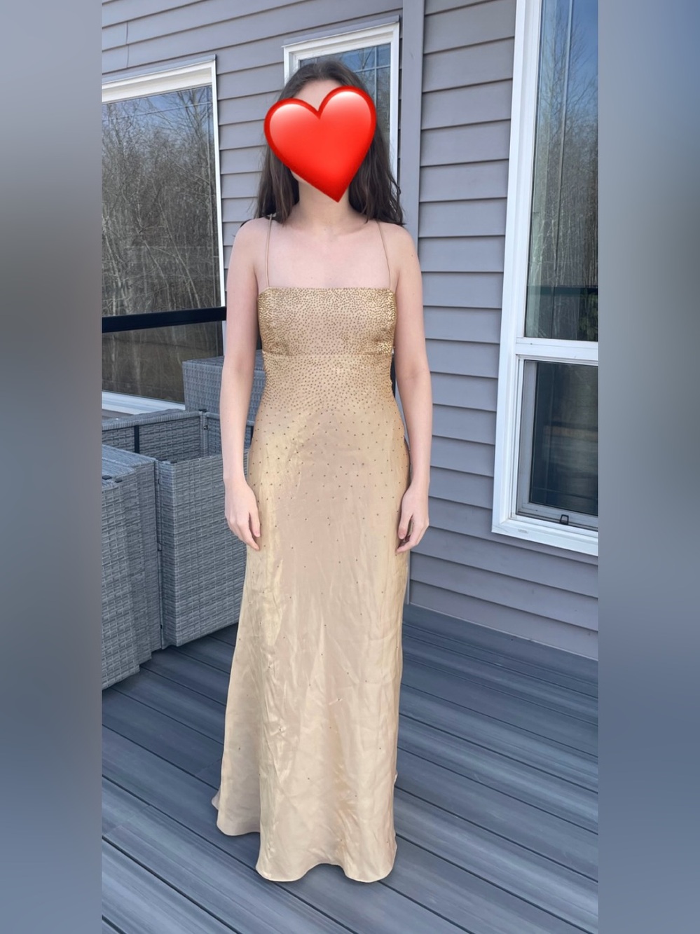 Gold Y2K satin beaded backless tie back gown/prom dress